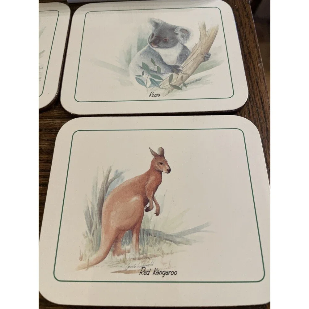 Vintage Set of 6 Cameo Australian Animals Cork Back Coasters Wildlife